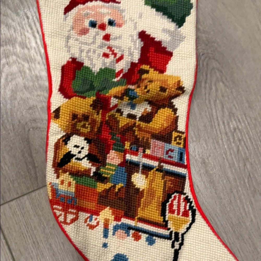 Vintage Noel Hand Cross Stitched Stocking with Santa and Gifts